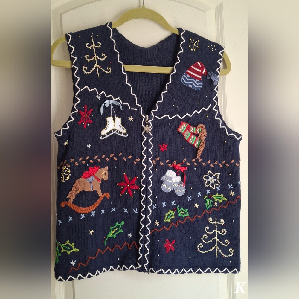 Vtg Hampshire Studio  Women's Blue Christmas Zip Front Sweater Vest‎ Size S/M